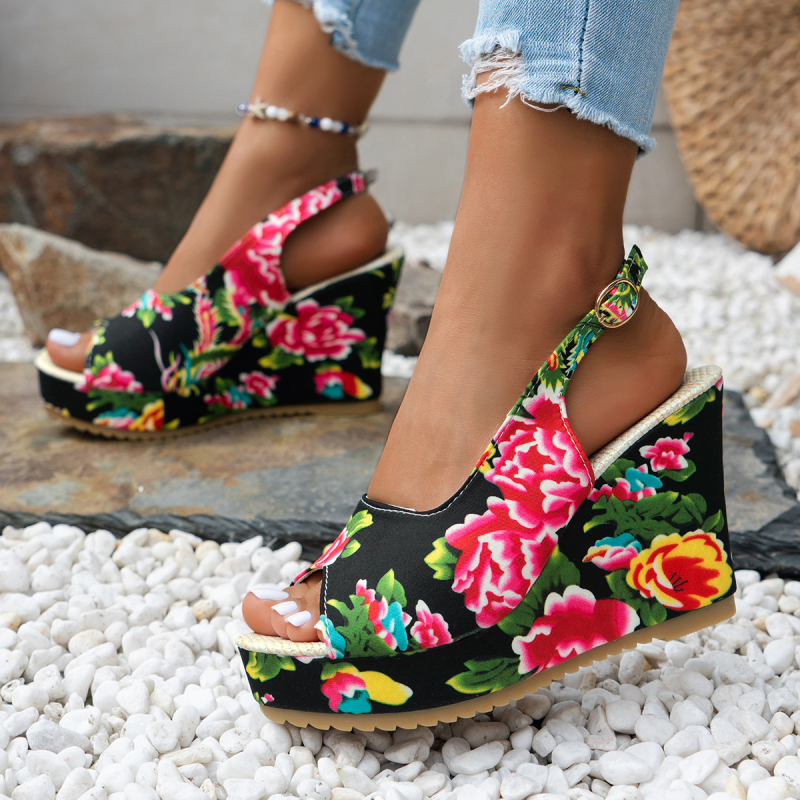 Sandale cu platformă, design floral, vârf în formă de gură de pește, partea superioară PU, talpă din cauciuc