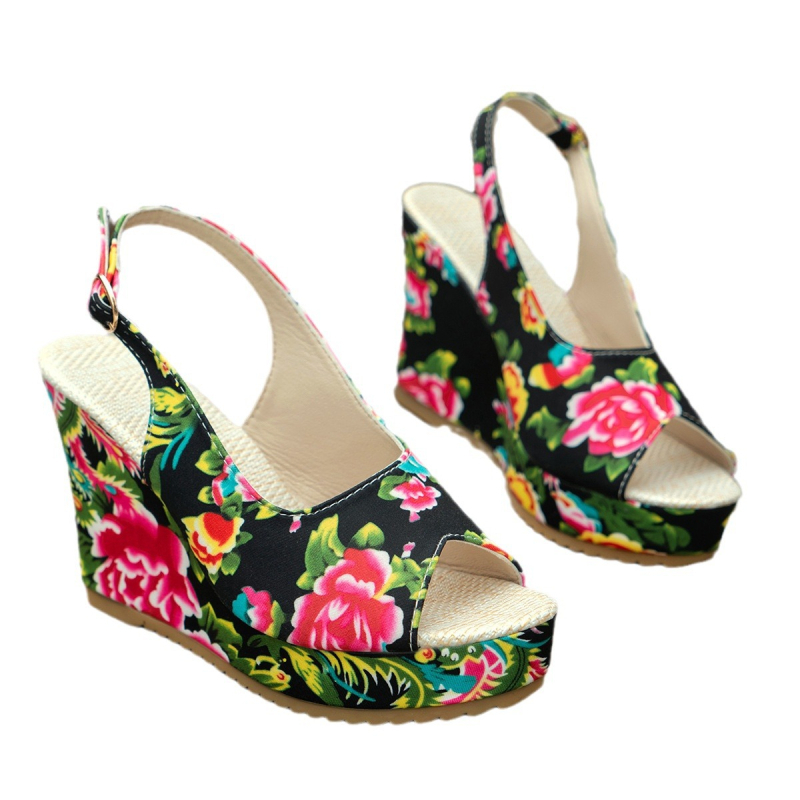 Sandale cu platformă, design floral, vârf în formă de gură de pește, partea superioară PU, talpă din cauciuc