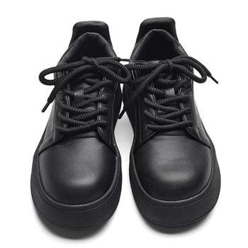 Pantofi skateboard, vârf rotund, partea superioară din două straturi de piele de vițel, talpă de cauciuc, închidere cu curea frontală, toc mediu 3–5 cm