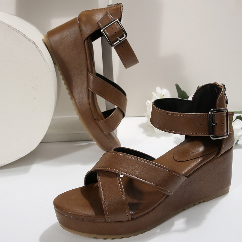 Ženske wedge sandale s jednim remenom - PU gornji dio, okrugli vrh, gumeni potplat, korejski stil