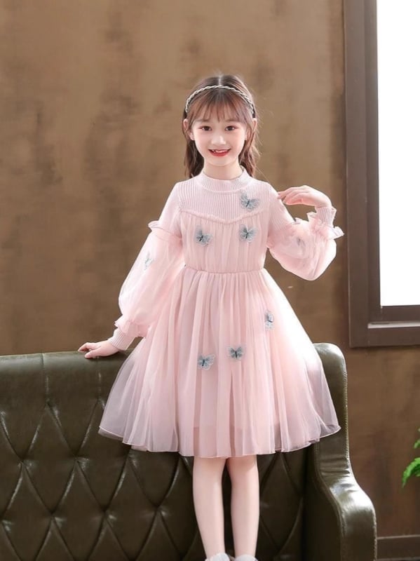 Παιδικό φόρεμα πριγκίπισσα με διάτρητο πλέγμα και πλεκτά πάνελ, κέντημα πεταλούδων, βαμβάκι 90%, μαλακή επεξεργασία, για παιδιά άνω των 8 ετών