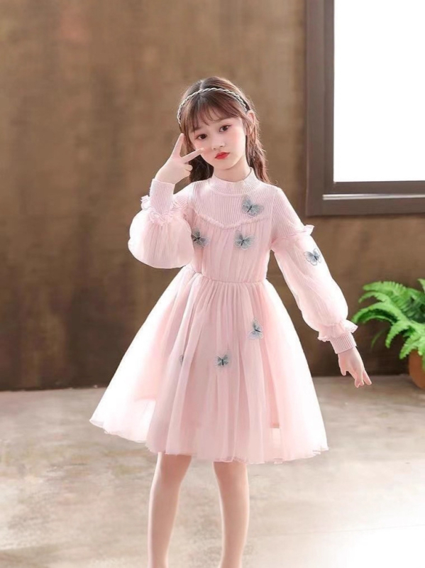 Παιδικό φόρεμα πριγκίπισσα με διάτρητο πλέγμα και πλεκτά πάνελ, κέντημα πεταλούδων, βαμβάκι 90%, μαλακή επεξεργασία, για παιδιά άνω των 8 ετών