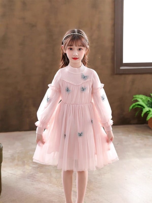 Παιδικό φόρεμα πριγκίπισσα με διάτρητο πλέγμα και πλεκτά πάνελ, κέντημα πεταλούδων, βαμβάκι 90%, μαλακή επεξεργασία, για παιδιά άνω των 8 ετών