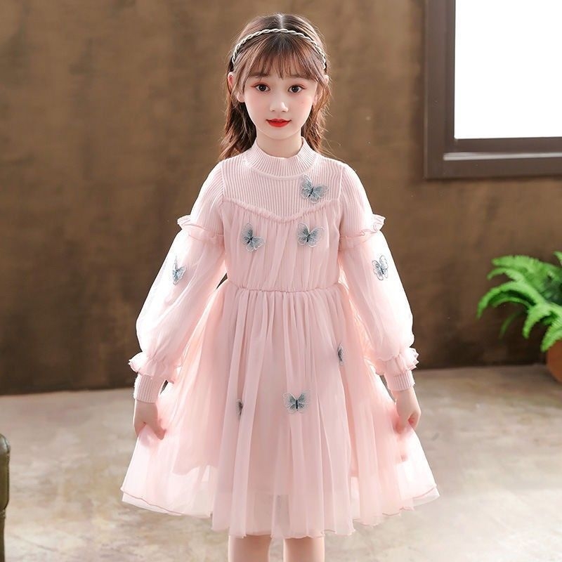 Παιδικό φόρεμα πριγκίπισσα με διάτρητο πλέγμα και πλεκτά πάνελ, κέντημα πεταλούδων, βαμβάκι 90%, μαλακή επεξεργασία, για παιδιά άνω των 8 ετών