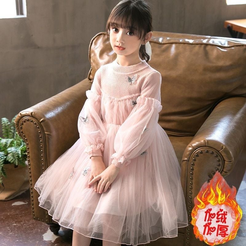 Παιδικό φόρεμα πριγκίπισσα με διάτρητο πλέγμα και πλεκτά πάνελ, κέντημα πεταλούδων, βαμβάκι 90%, μαλακή επεξεργασία, για παιδιά άνω των 8 ετών