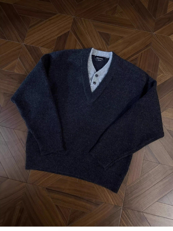 Pleteni džemper s retro dizajnom lažnog dvodijelnog, V-izrez, širok kroj, zadržava toplinu, bez glačanja