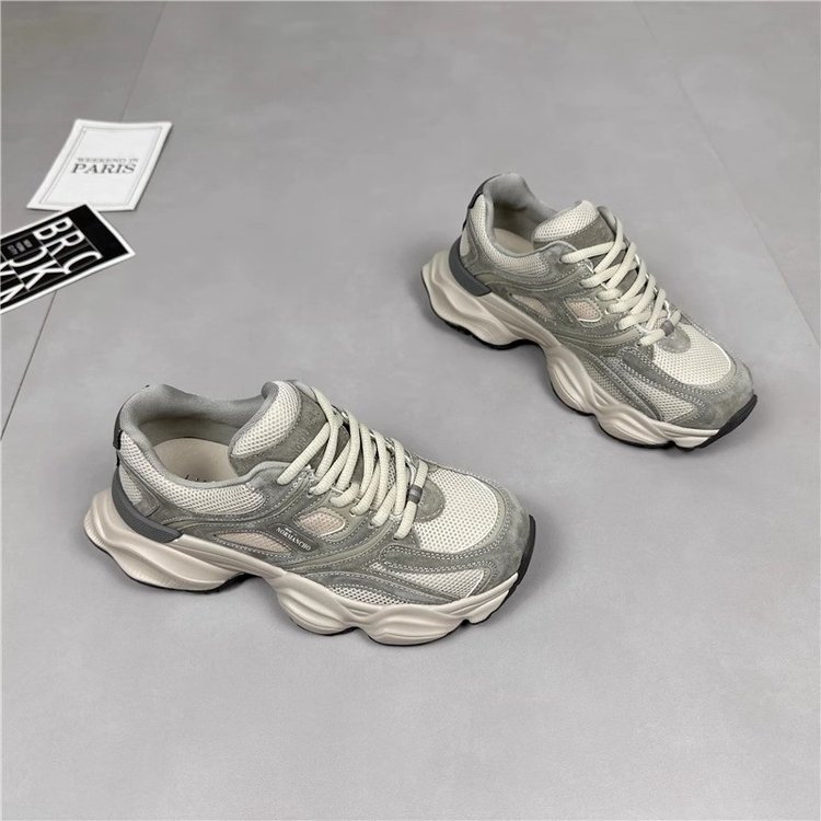 Ženski dad sneakers od prave kože, dvostruka kravlja koža + umjetna koža, prozračna mreža unutrašnjost, gumeni đon, vezivanje šnuralima
