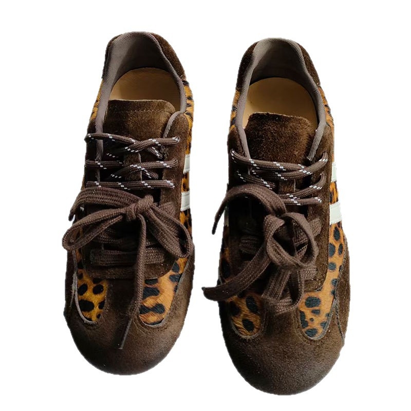 Ženske tenisice s leopard uzorkom, vezanje, gornji dio od konjskih dlaka, oštar nos, srednje visok pet 3-5 cm