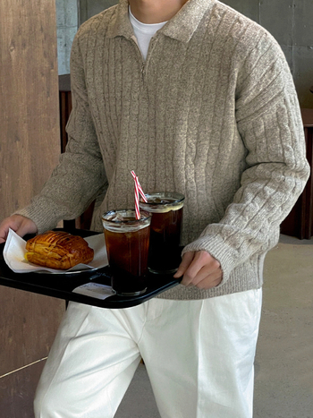 Ανδρικός πλεκτός πουλόβερ με μισό φερμουάρ και γιακά πέτο, ζεστός, χαλαρή γραμμή, κορεάτικου στυλ, χειμώνας 2024, ακρυλική ανάμιξη