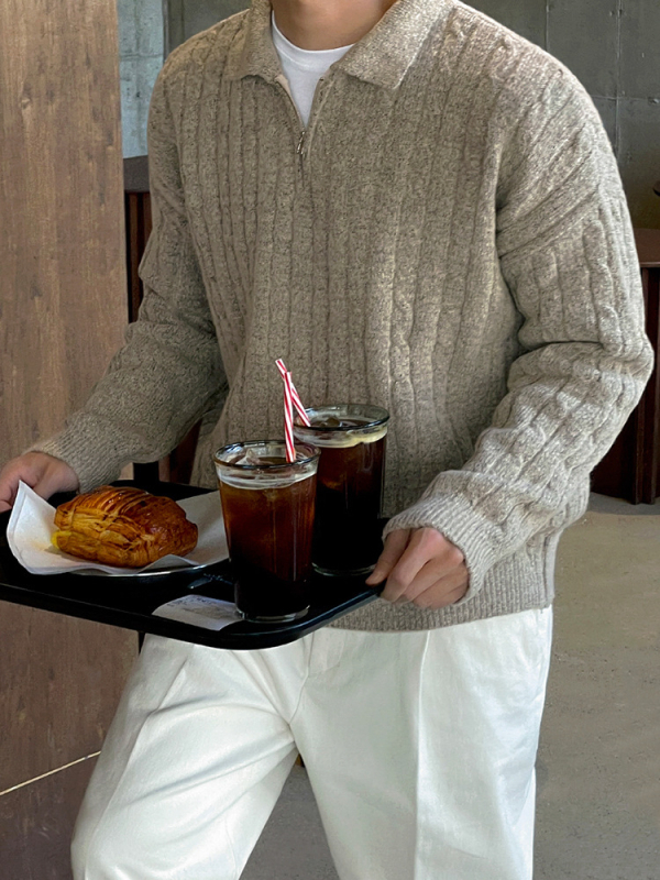 Ανδρικός πλεκτός πουλόβερ με μισό φερμουάρ και γιακά πέτο, ζεστός, χαλαρή γραμμή, κορεάτικου στυλ, χειμώνας 2024, ακρυλική ανάμιξη