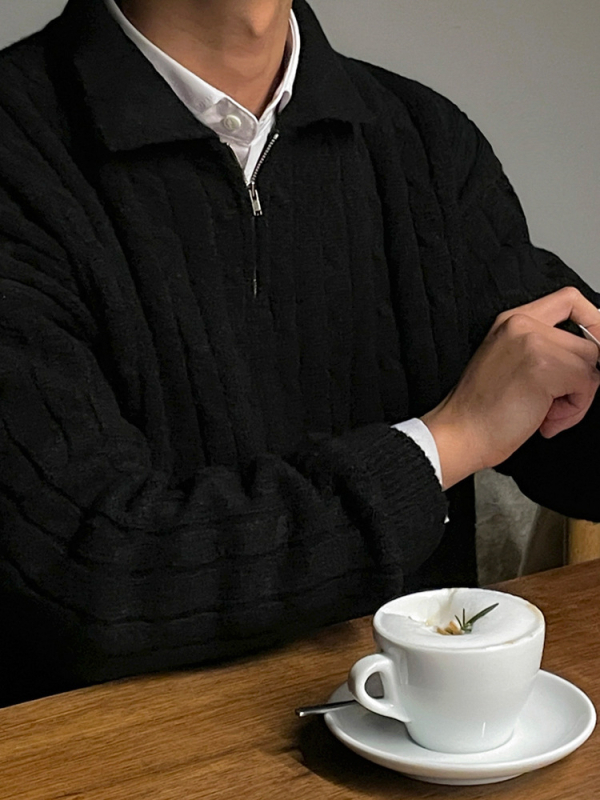 Ανδρικός πλεκτός πουλόβερ με μισό φερμουάρ και γιακά πέτο, ζεστός, χαλαρή γραμμή, κορεάτικου στυλ, χειμώνας 2024, ακρυλική ανάμιξη