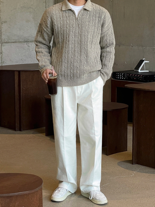 Ανδρικός πλεκτός πουλόβερ με μισό φερμουάρ και γιακά πέτο, ζεστός, χαλαρή γραμμή, κορεάτικου στυλ, χειμώνας 2024, ακρυλική ανάμιξη