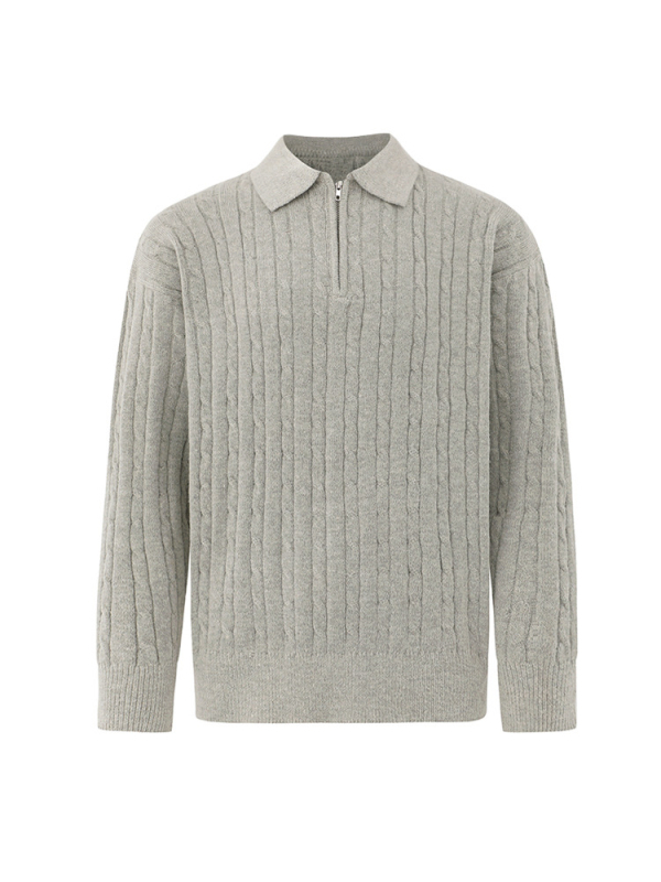 Ανδρικός πλεκτός πουλόβερ με μισό φερμουάρ και γιακά πέτο, ζεστός, χαλαρή γραμμή, κορεάτικου στυλ, χειμώνας 2024, ακρυλική ανάμιξη