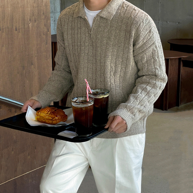 Ανδρικός πλεκτός πουλόβερ με μισό φερμουάρ και γιακά πέτο, ζεστός, χαλαρή γραμμή, κορεάτικου στυλ, χειμώνας 2024, ακρυλική ανάμιξη