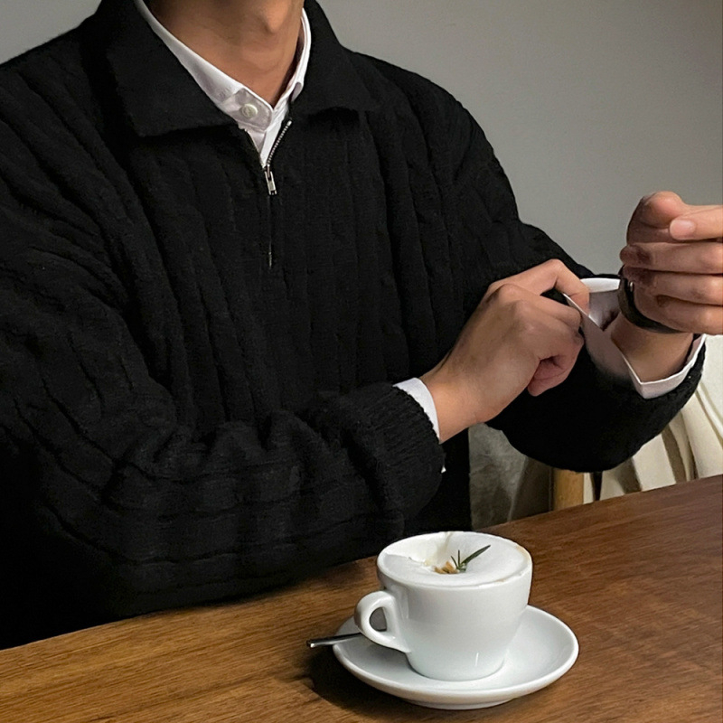 Ανδρικός πλεκτός πουλόβερ με μισό φερμουάρ και γιακά πέτο, ζεστός, χαλαρή γραμμή, κορεάτικου στυλ, χειμώνας 2024, ακρυλική ανάμιξη