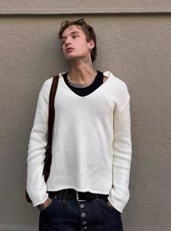 Πλεκτό πουλόβερ με V-λαιμό, χαλαρή γραμμή, μακριά μανίκια, βαρύ ύφασμα, 100% βαμβάκι, χειμώνας 2025