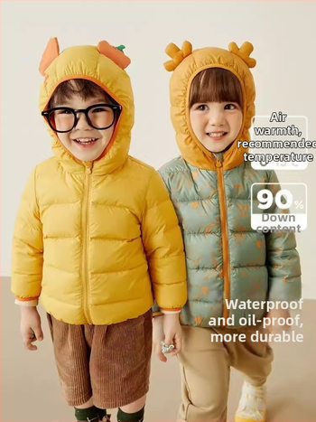 Παιδικό πουπουλένιο μπουφάν - Unisex, γέμισμα από λευκό πάπιας πούπουλο, μοτίβο καρτούν, κοντό μήκος, μη αποσπώμενη κουκούλα, για ηλικίες 1–3 ετών