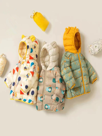 Παιδικό πουπουλένιο μπουφάν - Unisex, γέμισμα από λευκό πάπιας πούπουλο, μοτίβο καρτούν, κοντό μήκος, μη αποσπώμενη κουκούλα, για ηλικίες 1–3 ετών