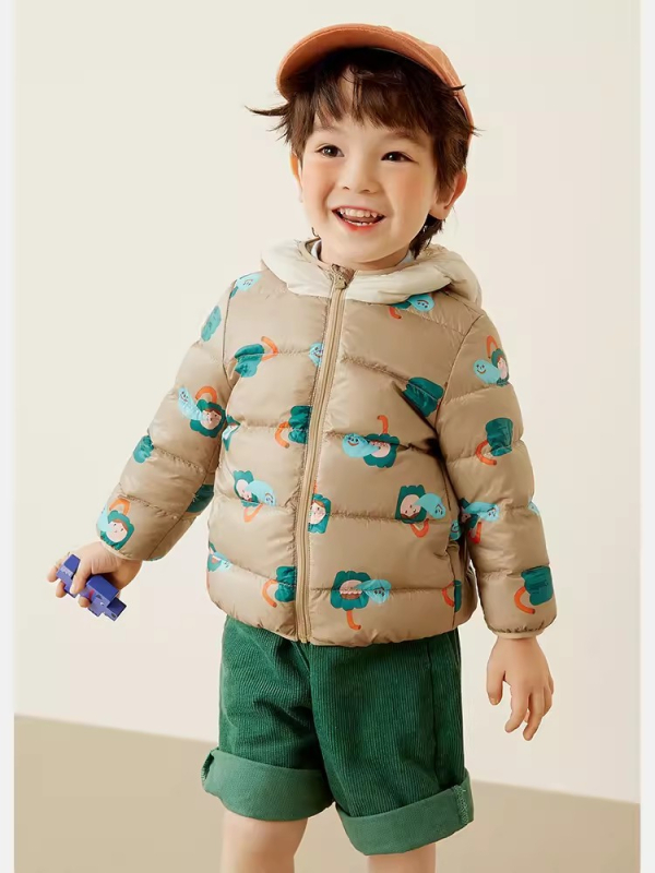 Παιδικό πουπουλένιο μπουφάν - Unisex, γέμισμα από λευκό πάπιας πούπουλο, μοτίβο καρτούν, κοντό μήκος, μη αποσπώμενη κουκούλα, για ηλικίες 1–3 ετών