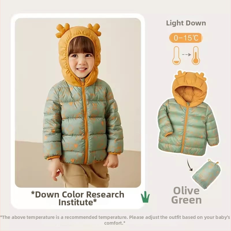Παιδικό πουπουλένιο μπουφάν - Unisex, γέμισμα από λευκό πάπιας πούπουλο, μοτίβο καρτούν, κοντό μήκος, μη αποσπώμενη κουκούλα, για ηλικίες 1–3 ετών