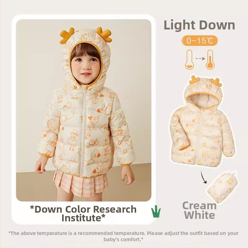 Παιδικό πουπουλένιο μπουφάν - Unisex, γέμισμα από λευκό πάπιας πούπουλο, μοτίβο καρτούν, κοντό μήκος, μη αποσπώμενη κουκούλα, για ηλικίες 1–3 ετών