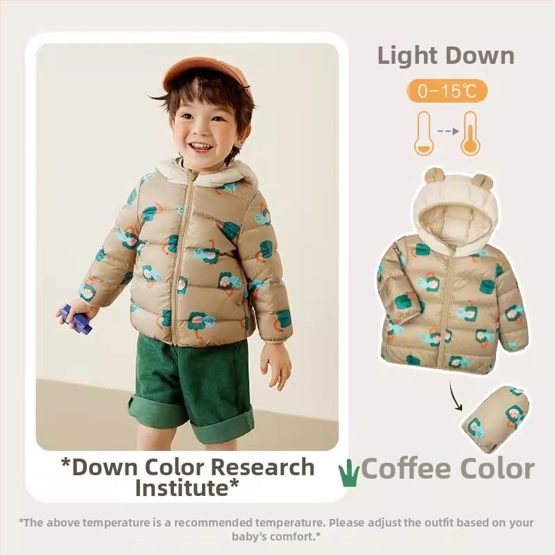 Παιδικό πουπουλένιο μπουφάν - Unisex, γέμισμα από λευκό πάπιας πούπουλο, μοτίβο καρτούν, κοντό μήκος, μη αποσπώμενη κουκούλα, για ηλικίες 1–3 ετών