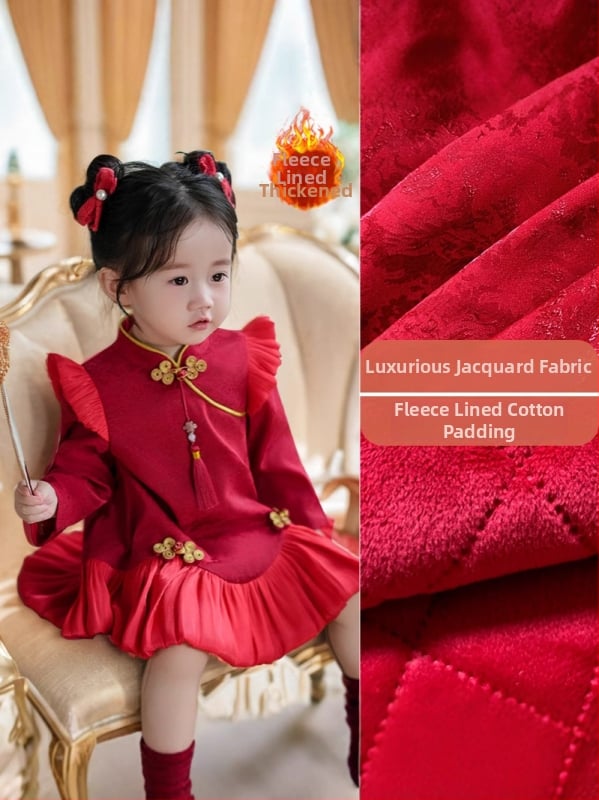 Φόρεμα για κορίτσια σε κινεζικό στυλ Cheongsam, με μακριά μανίκια, πολυεστερική ύφανση, βαμβακερή επένδυση, φούστα τύπου πιέτα