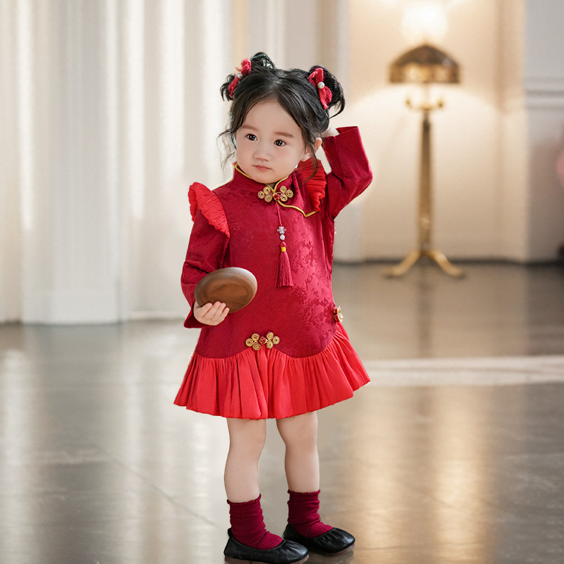 Φόρεμα για κορίτσια σε κινεζικό στυλ Cheongsam, με μακριά μανίκια, πολυεστερική ύφανση, βαμβακερή επένδυση, φούστα τύπου πιέτα