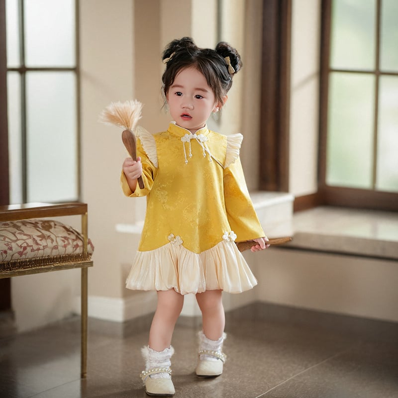 Φόρεμα για κορίτσια σε κινεζικό στυλ Cheongsam, με μακριά μανίκια, πολυεστερική ύφανση, βαμβακερή επένδυση, φούστα τύπου πιέτα