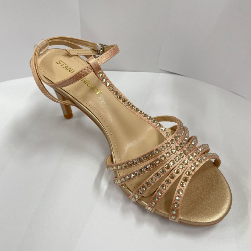 Ženske satenske sandale s visokim tankim petama, okrugli vrh, kopča (Gornji materijal: satenski; Oblik vrha: okrugli; Visina pete: >8 cm; Stil pete: tanak; Zatvaranje: kopča)