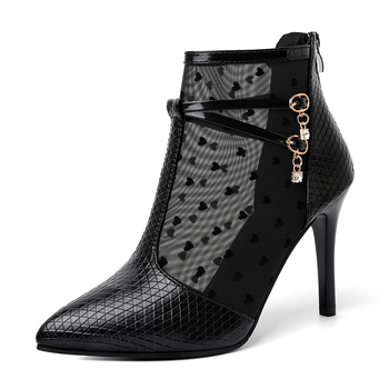 Ženske sandale s čipkastom mrežom na uskom petom, oštar nos, tanak potpetice preko 8 cm, bočni zatvarač, ljeto-jesen