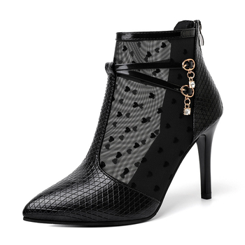 Ženske sandale s čipkastom mrežom na uskom petom, oštar nos, tanak potpetice preko 8 cm, bočni zatvarač, ljeto-jesen