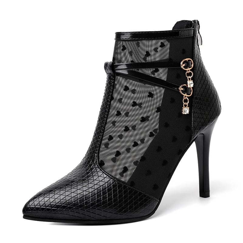 Ženske sandale s čipkastom mrežom na uskom petom, oštar nos, tanak potpetice preko 8 cm, bočni zatvarač, ljeto-jesen