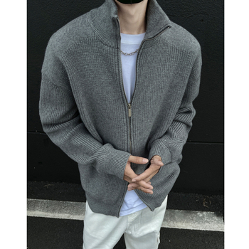Cardigan bărbătesc cu fermoar dublu, guler înalt, croială liberă, mâneci lungi, poliester respirabil