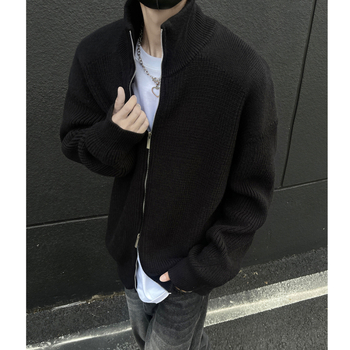 Cardigan bărbătesc cu fermoar dublu, guler înalt, croială liberă, mâneci lungi, poliester respirabil
