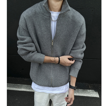Cardigan bărbătesc cu fermoar dublu, guler înalt, croială liberă, mâneci lungi, poliester respirabil