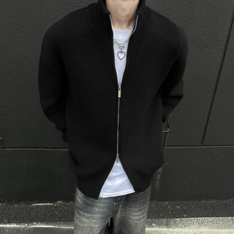 Cardigan bărbătesc cu fermoar dublu, guler înalt, croială liberă, mâneci lungi, poliester respirabil