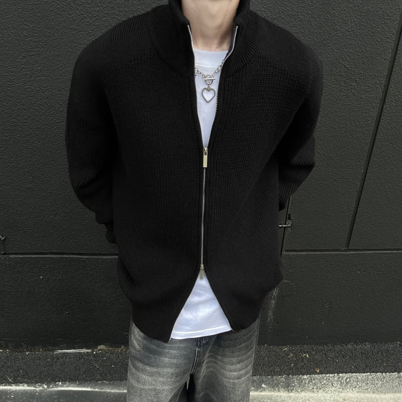 Cardigan bărbătesc cu fermoar dublu, guler înalt, croială liberă, mâneci lungi, poliester respirabil