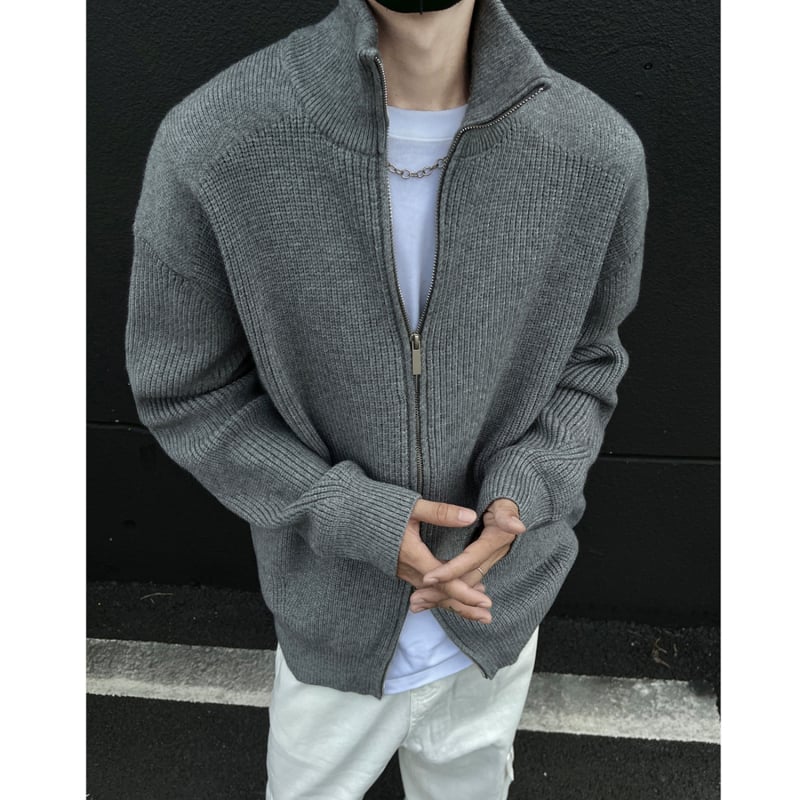 Cardigan bărbătesc cu fermoar dublu, guler înalt, croială liberă, mâneci lungi, poliester respirabil
