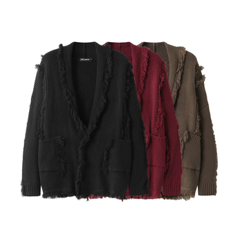 Cardigan pulover cu ciucuri, croi lejer, guler rever, mâneci lungi, tricot acrilic