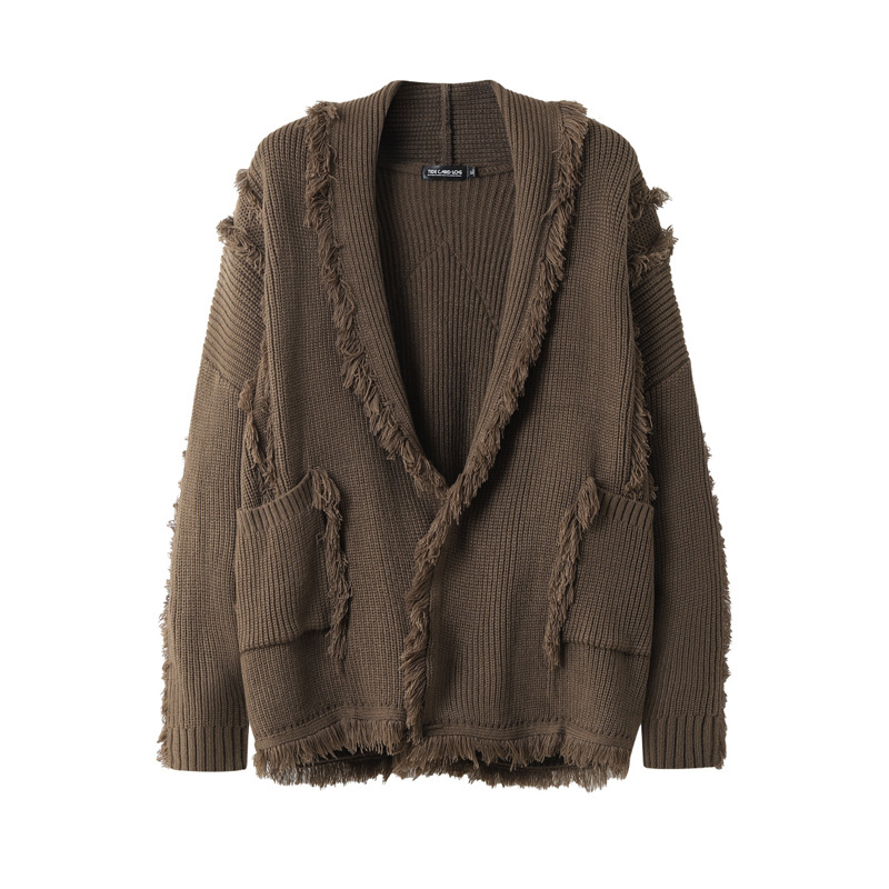 Cardigan pulover cu ciucuri, croi lejer, guler rever, mâneci lungi, tricot acrilic