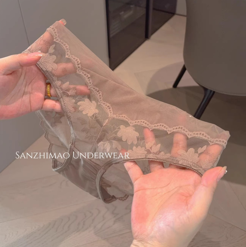 Chiloți pentru femei din dantelă, satin și plasă, respirabili, cu căptușeală din bumbac, talie medie, nylon 90-95%