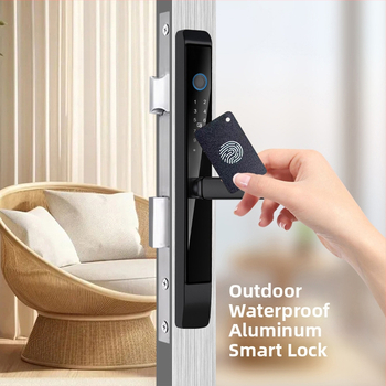 D7 Încuietoare inteligentă pentru exterior — corp din aluminiu tip punte, impermeabilă, design modern minimalist; acces prin amprentă, card, parolă și cheie; stocare amprente 50; timp de scanare <0,5 s; alimentare cu baterie