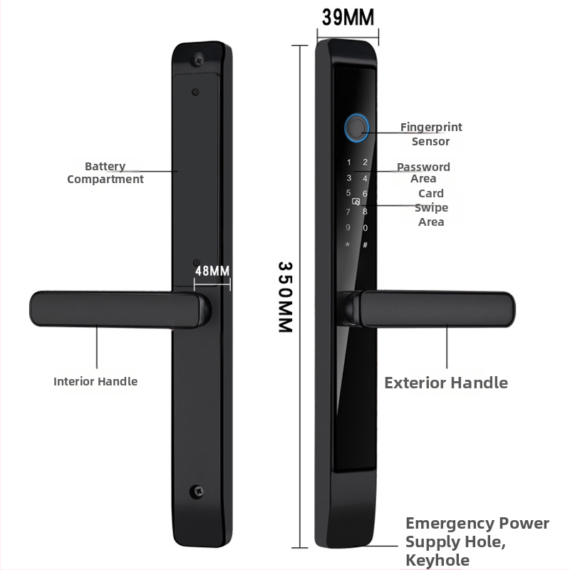 D7 Încuietoare inteligentă pentru exterior — corp din aluminiu tip punte, impermeabilă, design modern minimalist; acces prin amprentă, card, parolă și cheie; stocare amprente 50; timp de scanare <0,5 s; alimentare cu baterie
