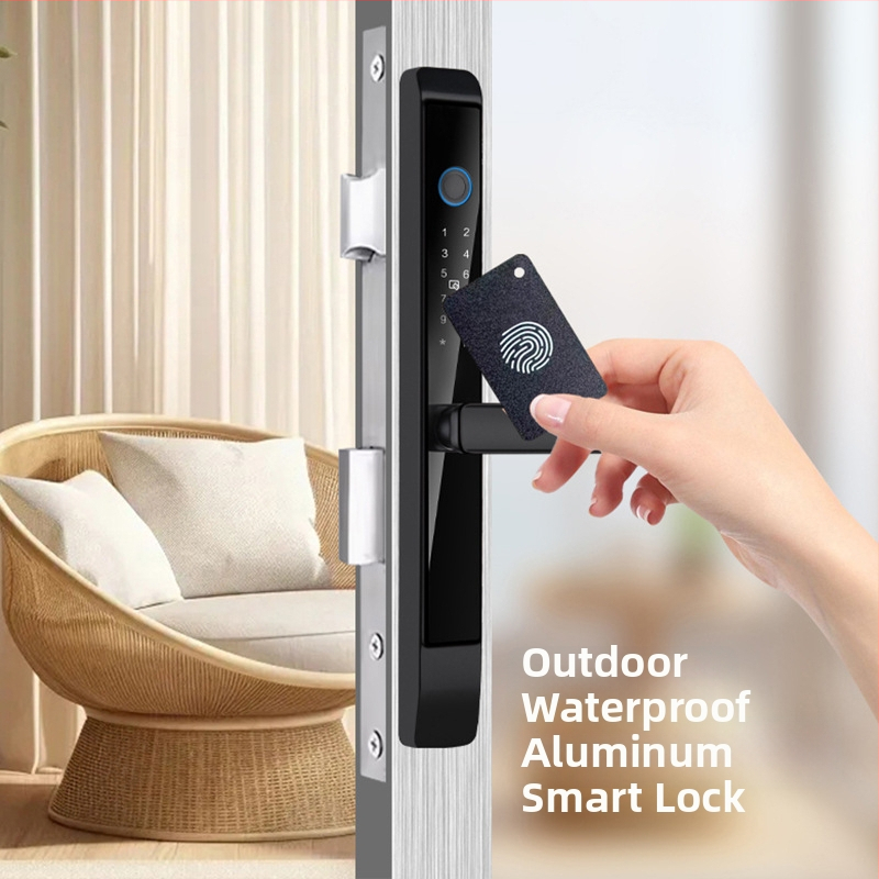 D7 Încuietoare inteligentă pentru exterior — corp din aluminiu tip punte, impermeabilă, design modern minimalist; acces prin amprentă, card, parolă și cheie; stocare amprente 50; timp de scanare <0,5 s; alimentare cu baterie