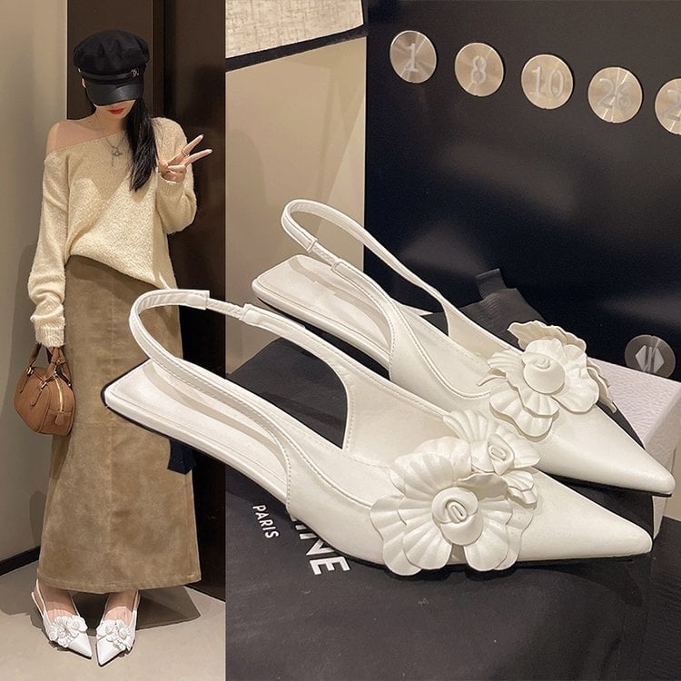 Pantofi dama cu varf ascuțit și toc mic, curea deasupra în spate, decor floral, partea superioară PU