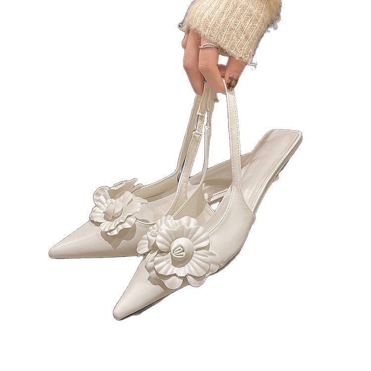 Pantofi dama cu varf ascuțit și toc mic, curea deasupra în spate, decor floral, partea superioară PU