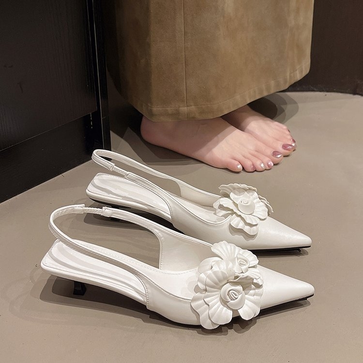 Pantofi dama cu varf ascuțit și toc mic, curea deasupra în spate, decor floral, partea superioară PU