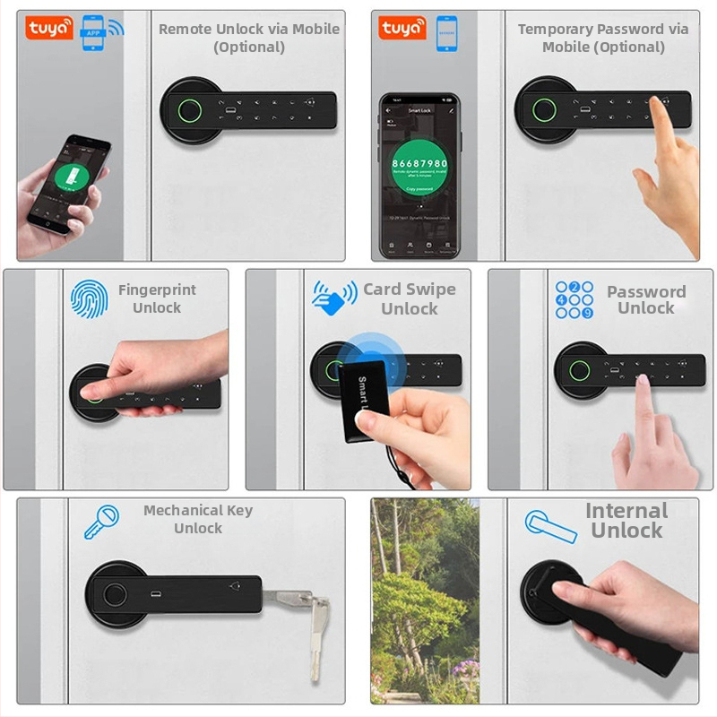 Gu Le G7 Ușă Inteligentă cu Amprentă, Card și Parolă – pentru Uși din Lemn, 50 Amprente stocate, Peste 8000 Deblocări, Timp de Scanare <0.5 s, Recunoaștere Falsă <0.0001