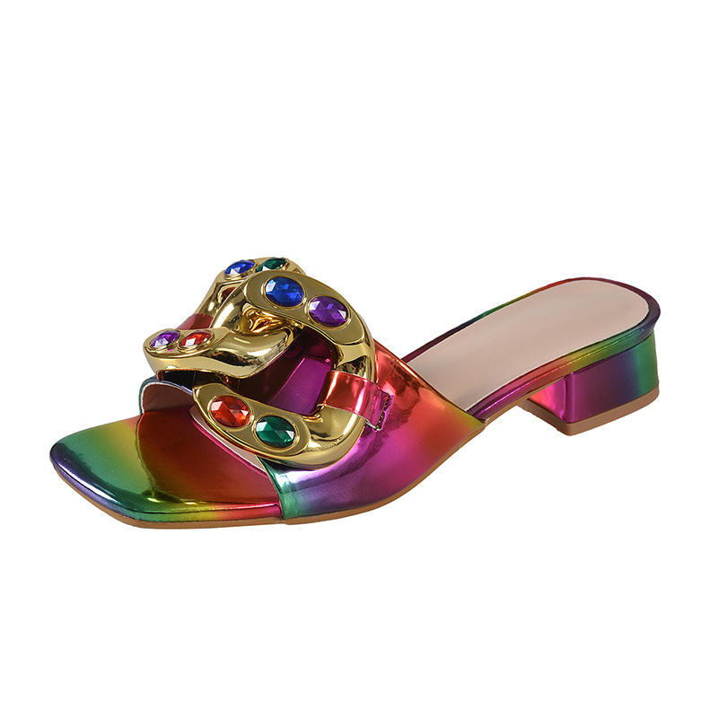 Rhinestone köves magas sarkú szandál | Felső rész: műanyag; Belső: PU; Talp: gumi; Orr: négyszögletes; Sark: vastag